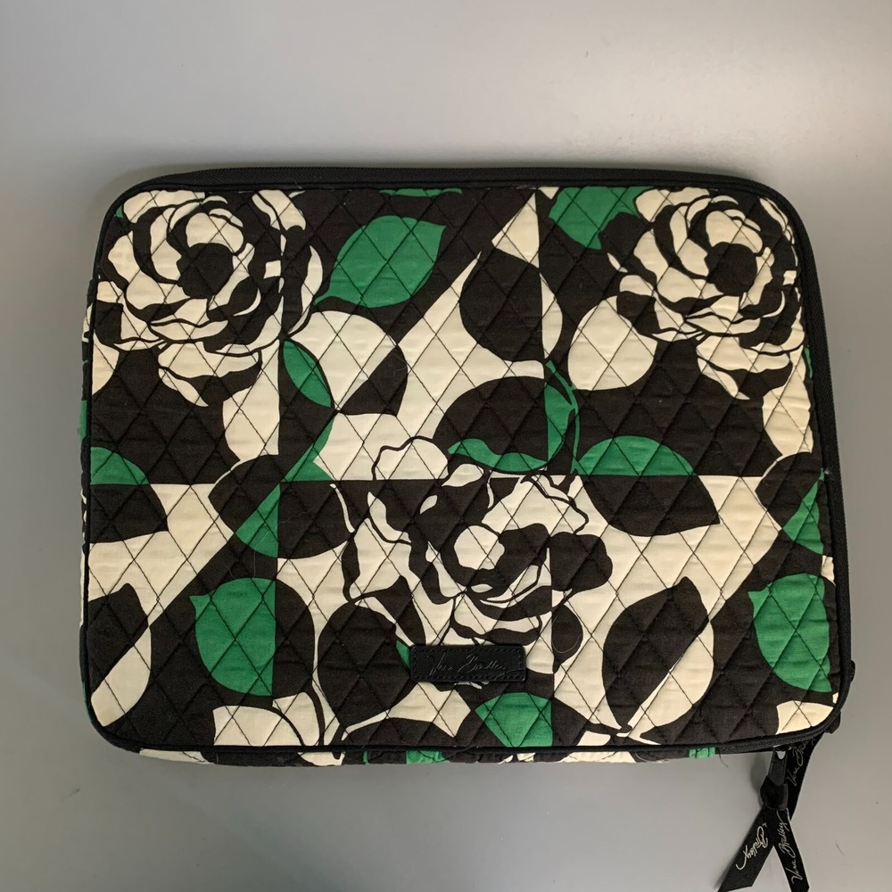 Vera Bradley Night and Day Black Quilted Laptop Sleeve Case Floral Green White